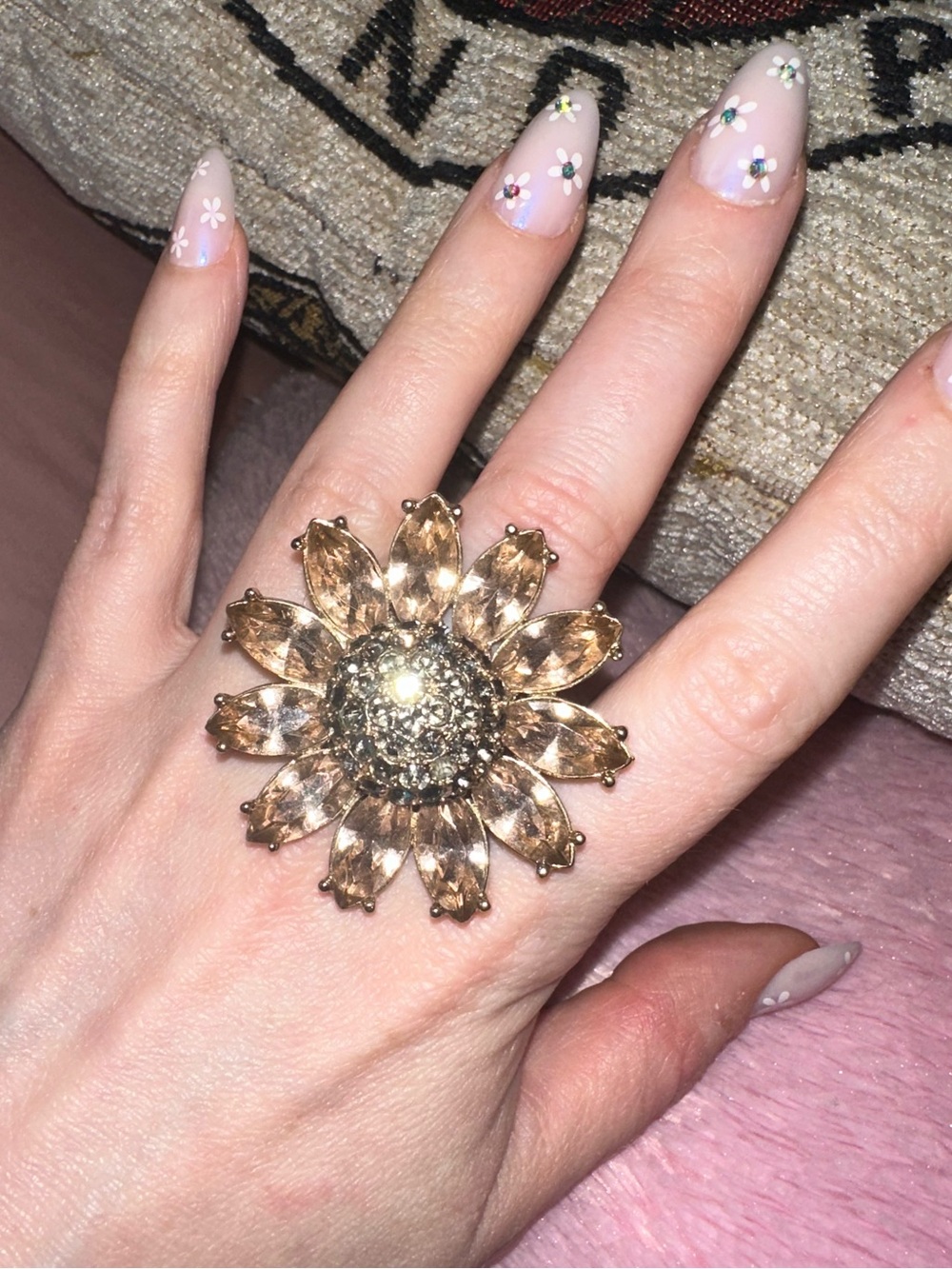 Sparkly Sunflower Rhinestone Cocktail Ring - Picture 11 of 17